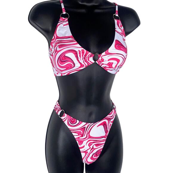 New Small Hot Pink Swirl Bikini O Ring Triangle Padded Top Swimsuit Y2k‎ 90s - Picture 2 of 4